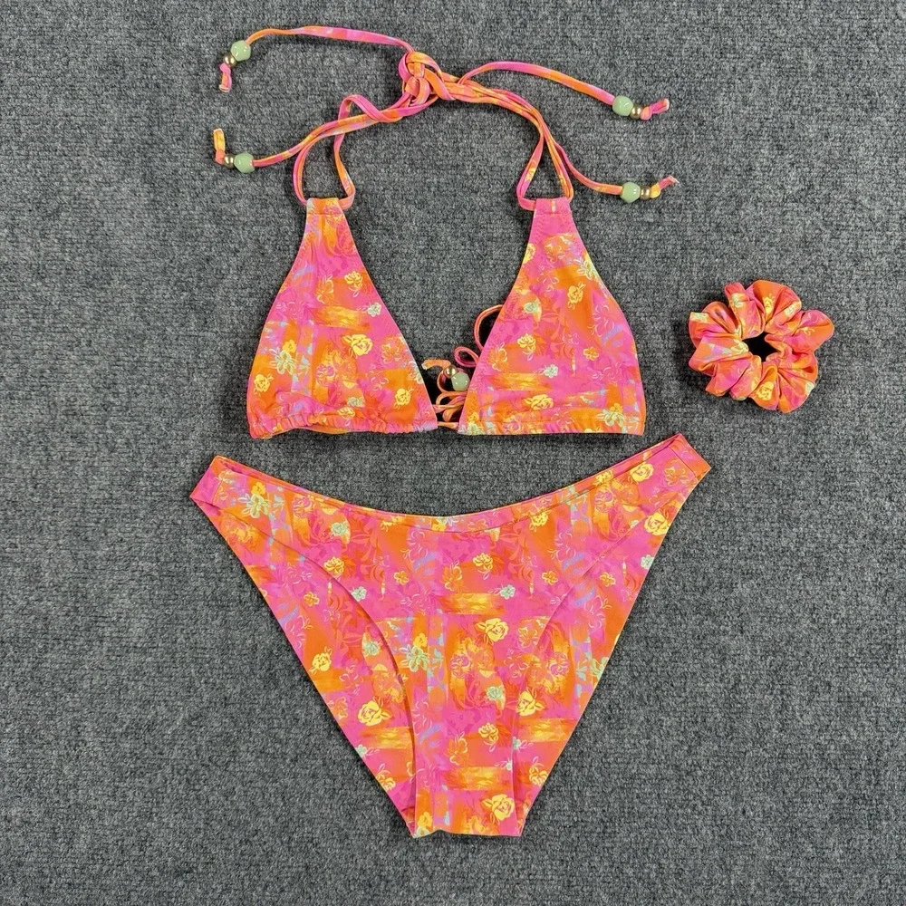 Kulani Kinis Bikini M/L Floral Print Tie Matching Scrunchie Beach Swim